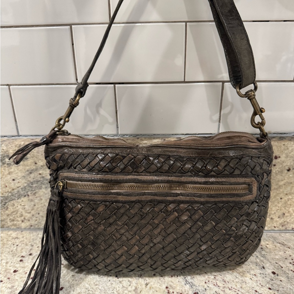 Johnny Was Leather Purse Bag Brown Crossbody Woven Hobo Italy Boho